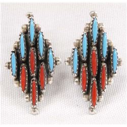Zuni Turquoise Coral Needlepoint Earrings