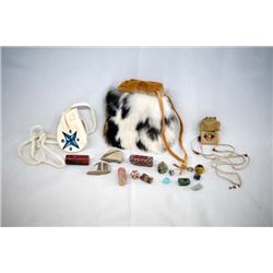 3 Fetish Bags with sherds, rocks & trade beads