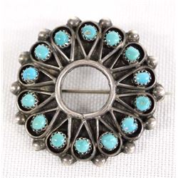 Zuni Sterling Petit Point Turquoise Pin, R. Dishta