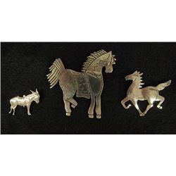 3 Sterling Silver Equine Pins, 2 Horses & 1 Mule