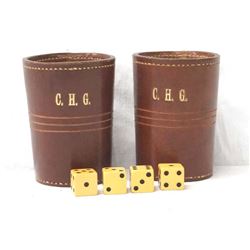 Pair of Monogrammed Leather Dice Cups & Dice