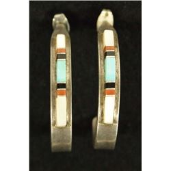 Zuni Old Pawn Sterling Channel Inlay Hoop Earrings