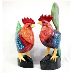 Pr Carved Wood Chickens Painted by Kills Thunder
