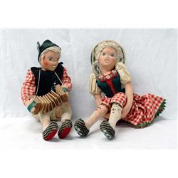 2 Antique Salzburg Austrian Seated Cloth Dolls