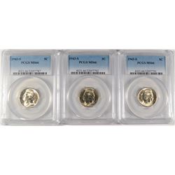 LOT OF ( 3 ) 1943-S JEFFERSON NICKELS, PCGS MS-66