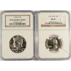 1968-S KENNEDY HALF NGC PF-68 ULTRA CAMEO, 67 SMS QUARTER, NGC MS-66