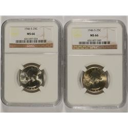 ( 2 ) 1946-S WASHINGTON QUARTERS, NGC MS-66