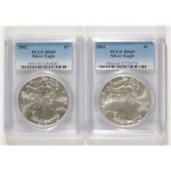 2002 & 2003 AMERICAN SILVER EAGLES, PCGS MS-69