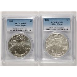 2003 & 2004 AMERICAN SILVER EAGLES, PCGS MS-69