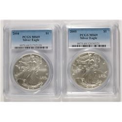 2004 & 2005 AMERICAN SILVER EAGLES, PCGS MS-69