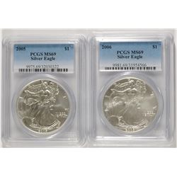 2005 & 2006 AMERICAN SILVER EAGLES, PCGS MS-69