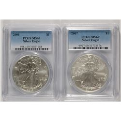 2006 & 2007 AMERICAN SILVER EAGLES, PCGS MS-69