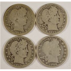 (4) BARBER QUARTERS (1912-S, 1915, 1915-S, 1898)