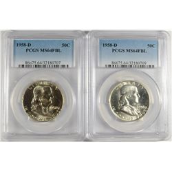 ( 2 ) 1958-D FRANKLIN HALF DOLLARS, PCGS MS-64 FBL