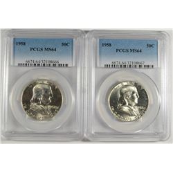 ( 2 ) 1958 FRANKLIN HALF DOLLARS, PCGS MS-64