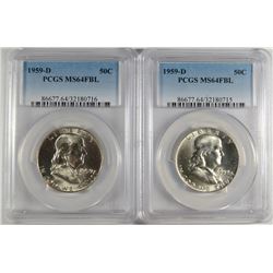 ( 2 ) 1959-D FRANKLIN HALF DOLLARS, PCGS MS-64 FBL