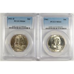 1961 & 1961-D FRANKLIN HALF DOLLARS, PCGS MS-64