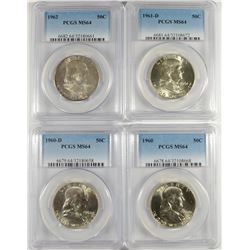 ( 4 ) PCGS GRADED MS-64 FRANKLIN HALF DOLLARS: 1960, 60-D, 61-D & 62