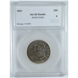 1821 BUST QUARTER, SEGS, AU-50 ( very minor mark )  SCARCE TYPE COIN