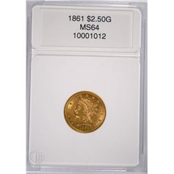 1861 $2.50 LIBERTY GOLD, CCGS MS-64 NICE!!