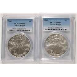 2002 & 2003 AMERICAN SILVER EAGLES, PCGS MS-69