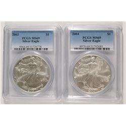 2003 & 2004 AMERICAN SILVER EAGLES, PCGS MS-69