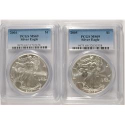 2004 & 2005 AMERICAN SILVER EAGLES, PCGS MS-69