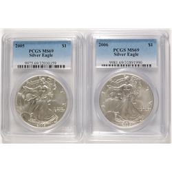 2005 & 2006 AMERICAN SILVER EAGLES, PCGS MS-69