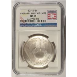 2014 BASEBALL HALL OF FAME COMMEMORATIVE SILVER DOLLAR, NGC MS-69