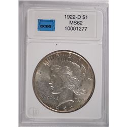 1922-D PEACE SILVER DOLLAR, CCGS MS-62