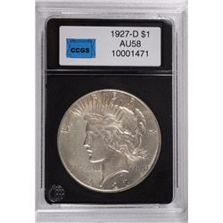 1927-D PEACE SILVER DOLLAR, CCGS AU-58