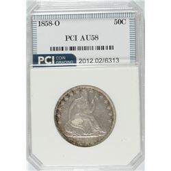1858-O SEATED HALF DOLLAR, PCI AU-58