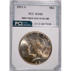 1922-S PEACE SILVER DOLLAR, PCI MS-65 GEM COIN, RARE WHITE & LIGHT GOLDEN COLOR