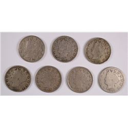 (7) V-NICKELS (1897, 1902, 1904, 1906, 1908, 1910 & 1912-D)