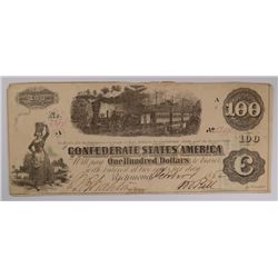 1862 $100 CONFEDERATE STATES OF AMERICA NOTE (T-40) VF/XF