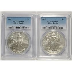 2004 & 2005 AMERICAN SILVER EAGLES, PCGS MS-69