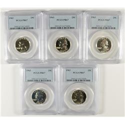 LOT OF ( 5 ) 1963 WASHINGTON QUARTERS, PCGS PROOF-67
