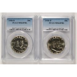 ( 2 ) 1958-D FRANKLIN HALF DOLLARS, PCGS MS-64 FBL