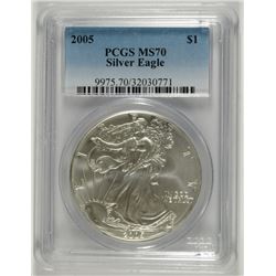 2005 AMERICAN SILVER EAGLE, PCGS MS-70 RARE LISTS IN PCGS PRICE GUIDE AT $700.00