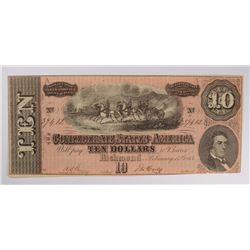 1864 $10 CONFEDERATE STATES OF AMERICA NOTE (T-68) AU+