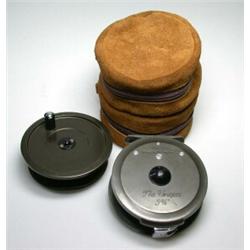 A Hardy Uniqua trout reel, 33/4", with spare spool, in suede double zip case...