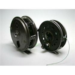 A J. W. Young Beaudex narrow drum fly reel, grey finish, 33/8" and another similar left hand wind (.