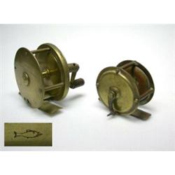 A C. Farlow, London brass crankwind winch, 21/2" and another small unnamed brass reel (2)...