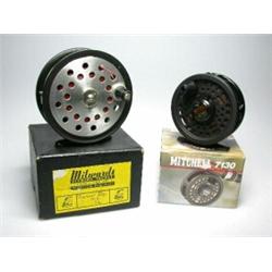 A Milward Flycraft Mark II fly reel, 35/8", in original card box and a Mitchell 7130 trout fly reel.