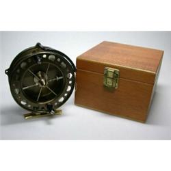 A J. W. Young Purist 2030 centrepin reel, serial No. 0382, bronze finish, 37/8", in fitted wooden c.
