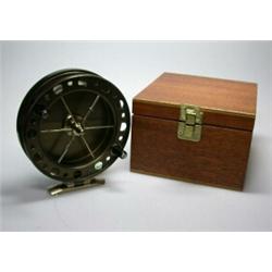 A J. W. Young Purist 2040 centrepin reel, bronze finish, 41/2", in fitted wooden case...