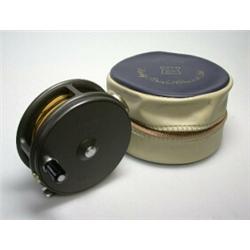 A Hardy Perfect narrow drum trout reel, 33/8", as new in blue and grey Hardy zip case...