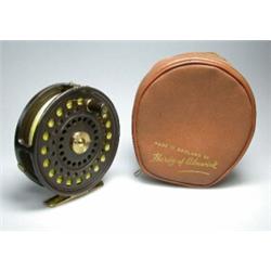 A Hardy Princess trout fly reel, brown finish, 31/2", in Hardy brown leather zip case...