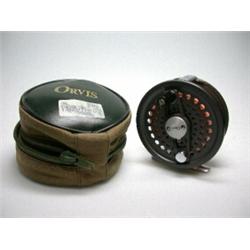 An Orvis Battenkill Multiplier 8/9 reel in green Orvis zip bag...