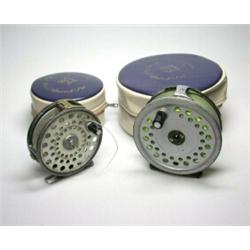 A Hardy Viscount 150 Mark II trout reel, 35/8" and a Hardy LRH Lightweight trout reel, both in blue.